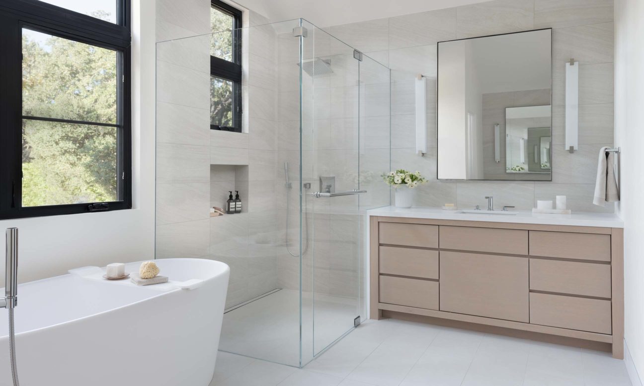 bright modern bathroom in Atherton custom home