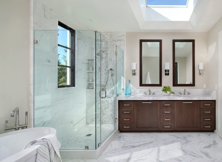 warm modern bathroom in mission-style home