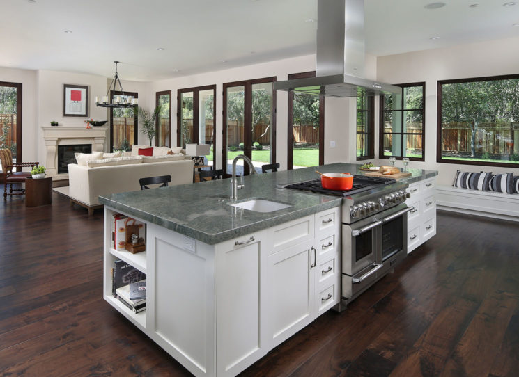 open kitchen and living area in mission-style home