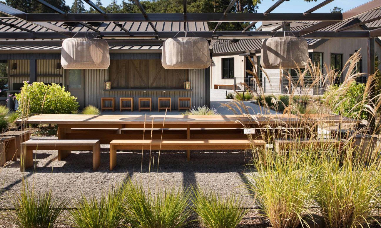 outdoor seating area at modern farmhouse