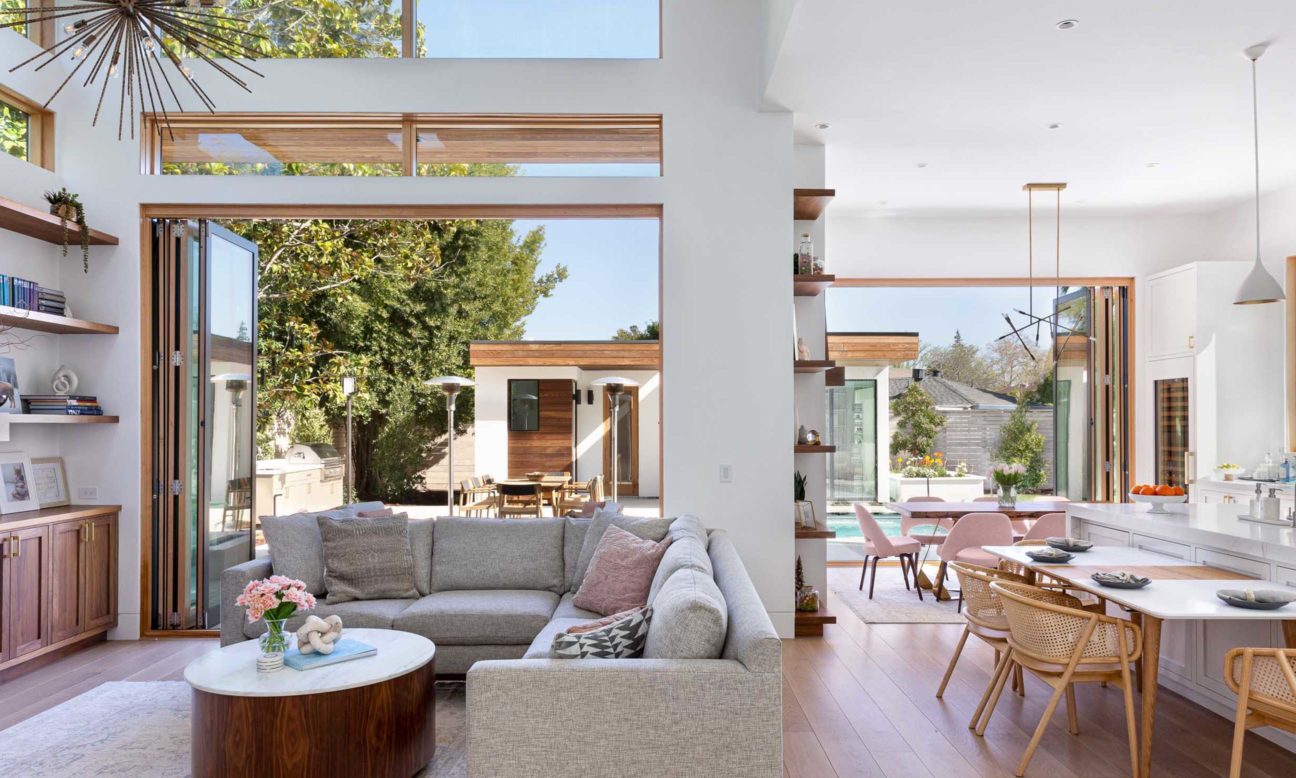 open kitchen and living room in warm modern home