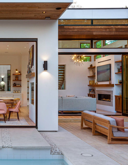 view from patio inside warm modern home